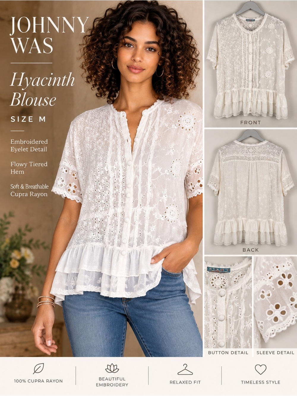 Johnny Was Hyacinth Blouse White Eyelet Embroidered Top Size M